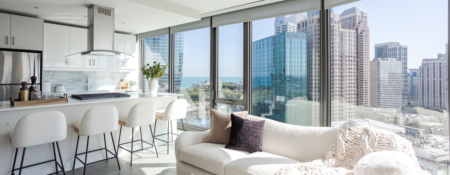 a living room with a large window